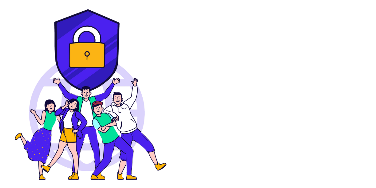 A diverse group of people showcasing a padlock and a shield, illustrating the concept of security and defense.