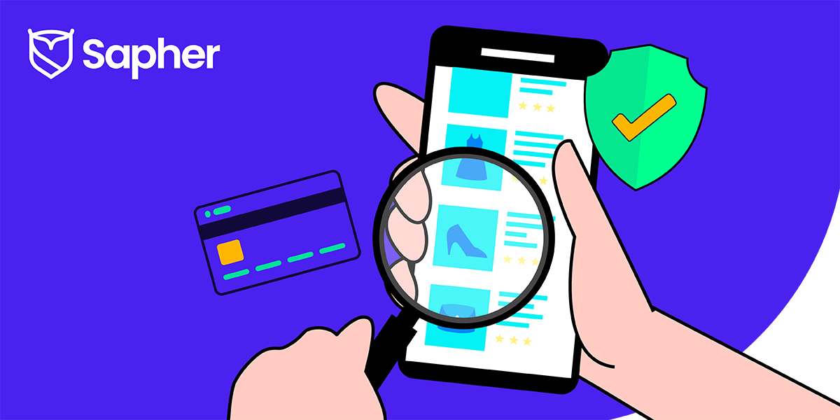 Image of a magnifying glass over a mobile phone trying to find suspicious products with the Sapher logo on the top left